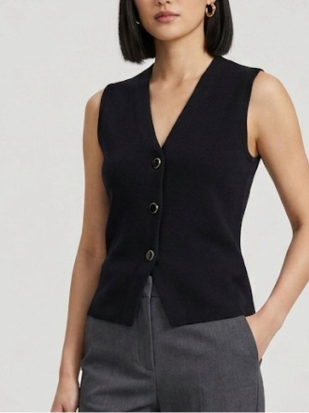 Open Edit Black Sleeveless Front Button Sleeveless Vest Preppy Capsule Office
